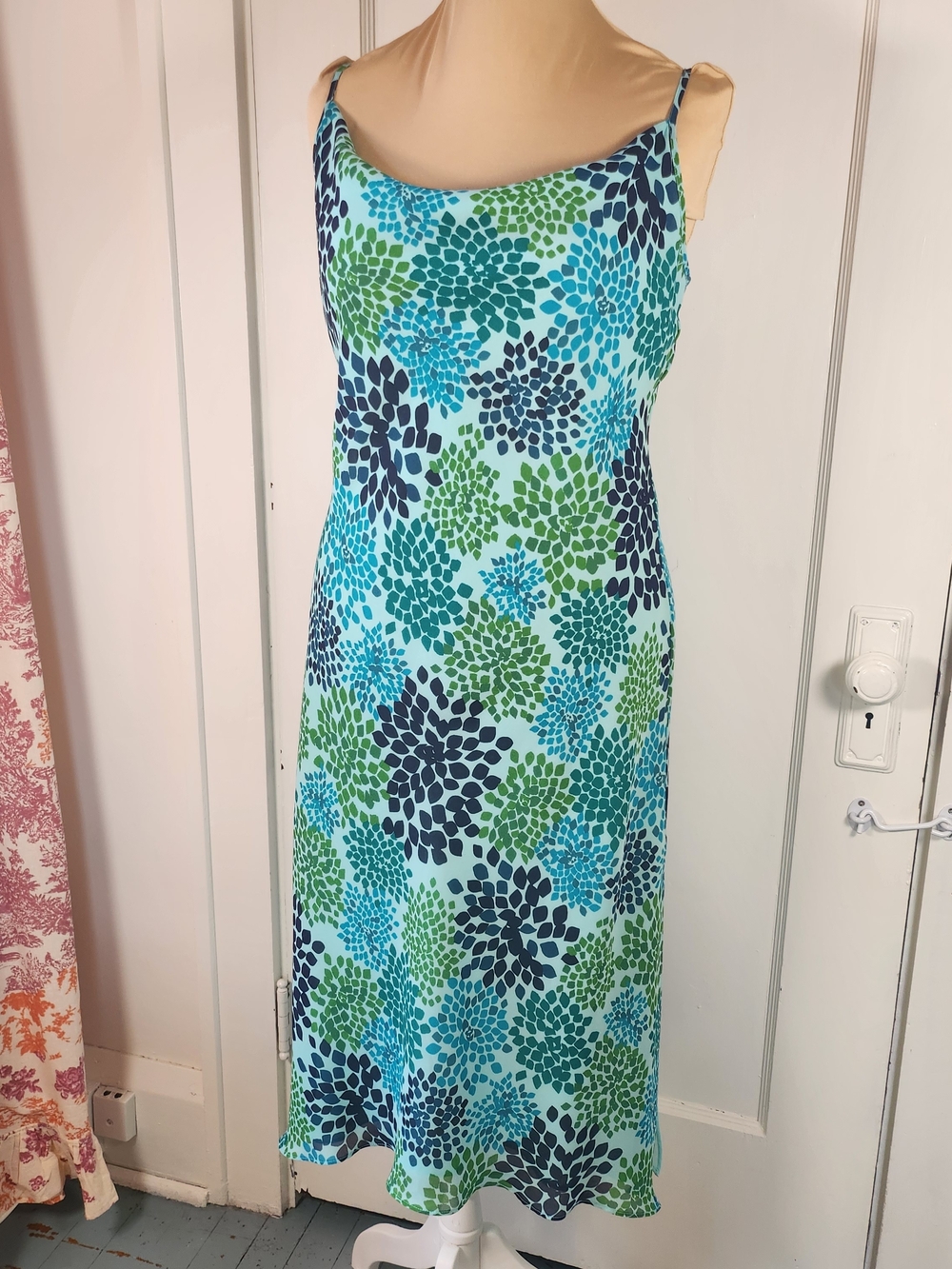 VTG Express Y2K Blue & Green Slip Cowl-Neck Midi Dress 11/12